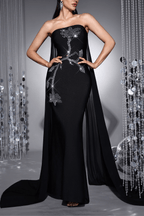 Junie Black Strapless Rhinestone Mermaid Dress Avalabel