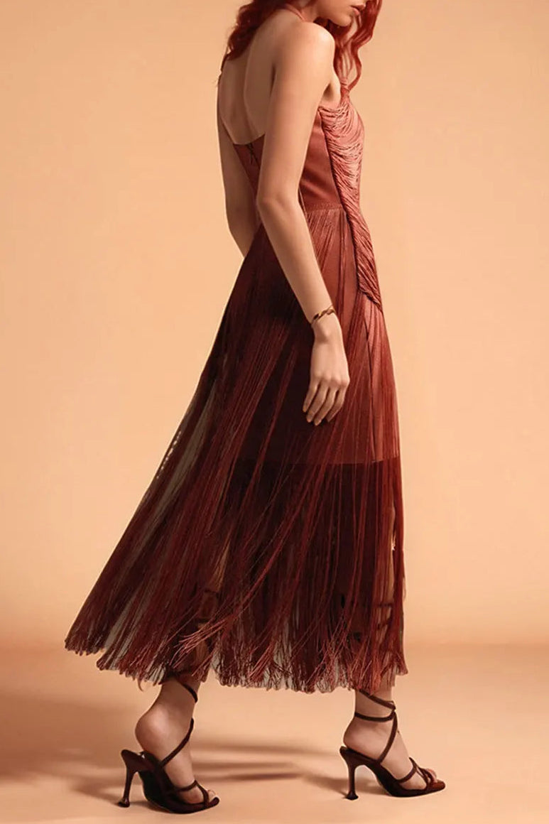 nicola pleated halter fringe maxi dress in brown Avalabel