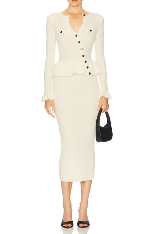 Caroline Asymmetric Knit Midi Dress in Beige Avalabel
