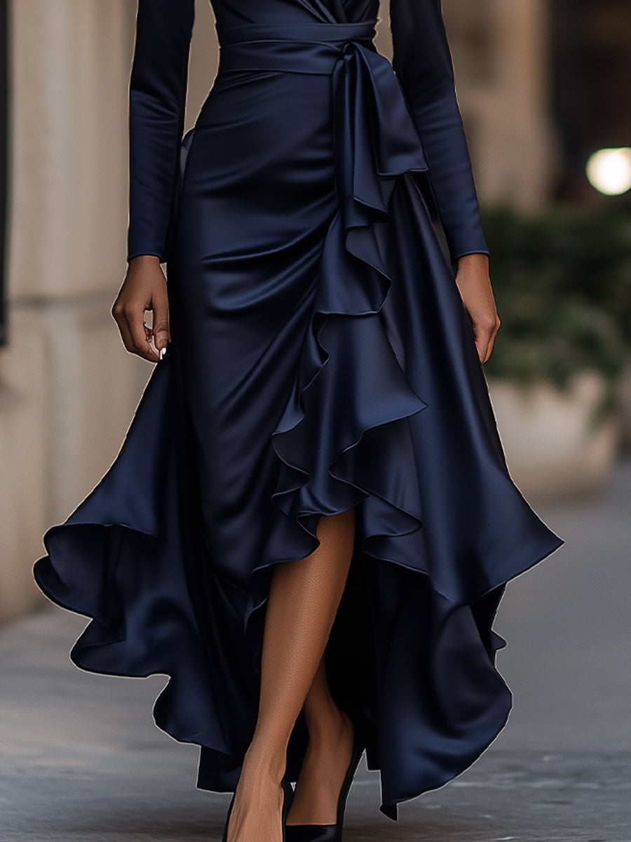 Midnight Blue Draped Satin Maxi Dress With Ruffle Details Avalabel