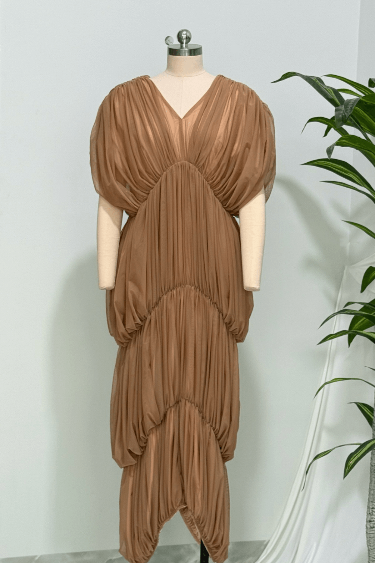 Elle Caramel Sheer Smocked Tiered Maxi Dress Avalabel