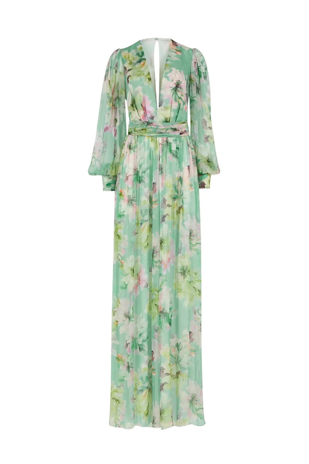 V Neck Floral Print Chiffon Maxi Dress in Green Avalabel