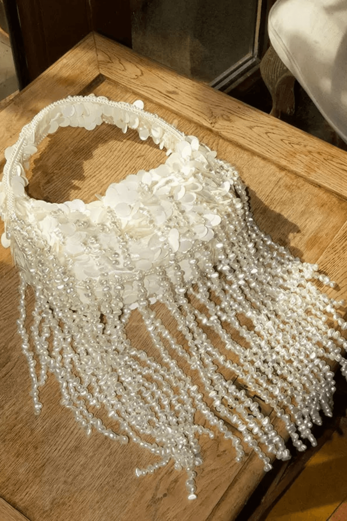 White Sequin Pearl Tassel Clutch Avalabel