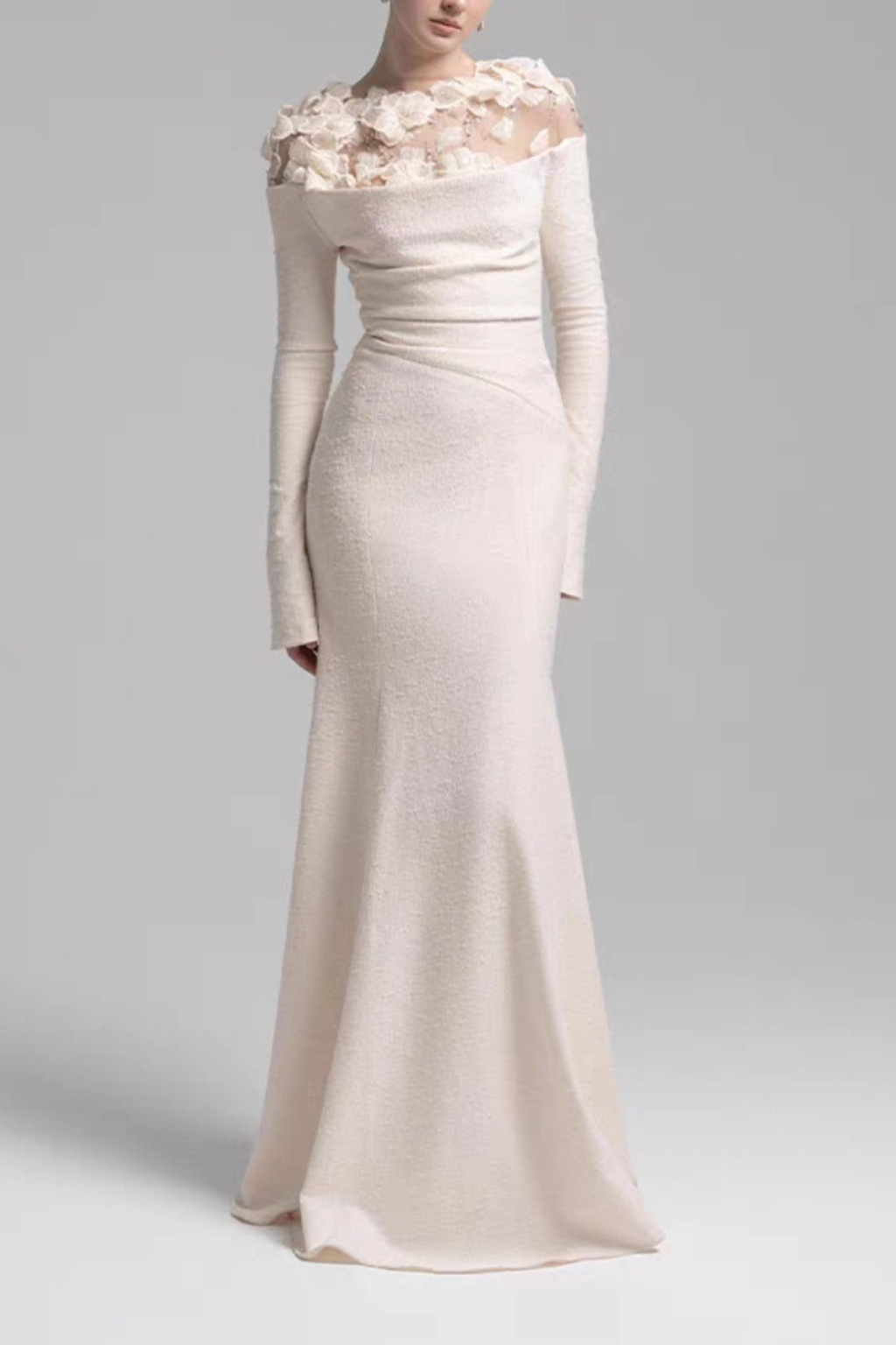 Louise 3D Floral Sheer Shoulder Long Sleeve White Dress Avalabel