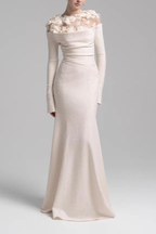 Louise 3D Floral Sheer Shoulder Long Sleeve White Dress Avalabel