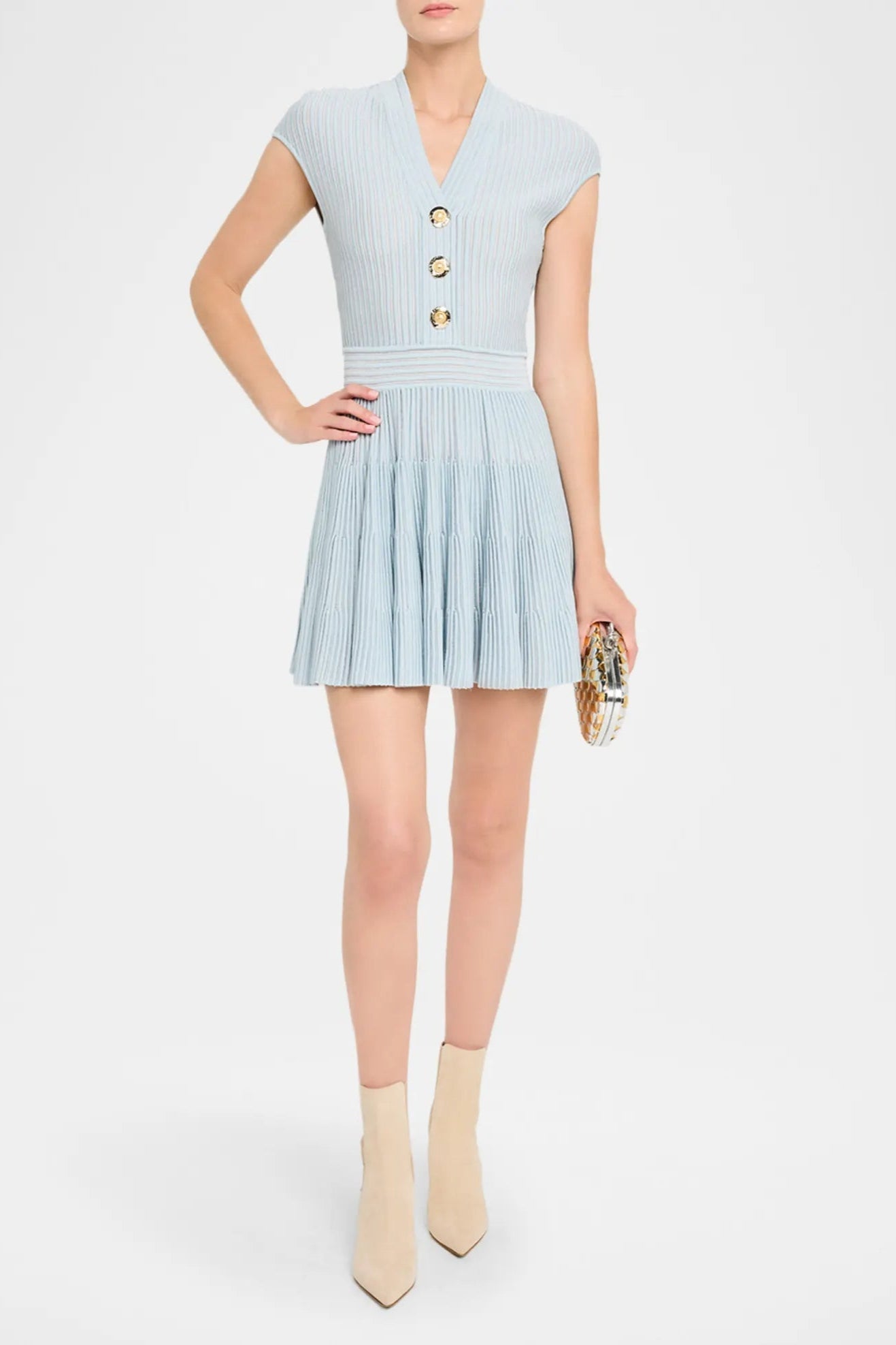 Short-Sleeve Flechage Knit Flare Mini Dress in Blue Avalabel