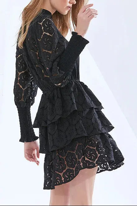 vanessa Long Sleeves Layered Lace Mini Dress in black Avalabel