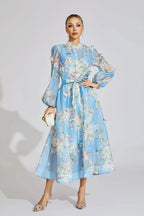 Tiffany Pale Blue Floral Printed Puff Sleeve Maxi Dress Avalabel