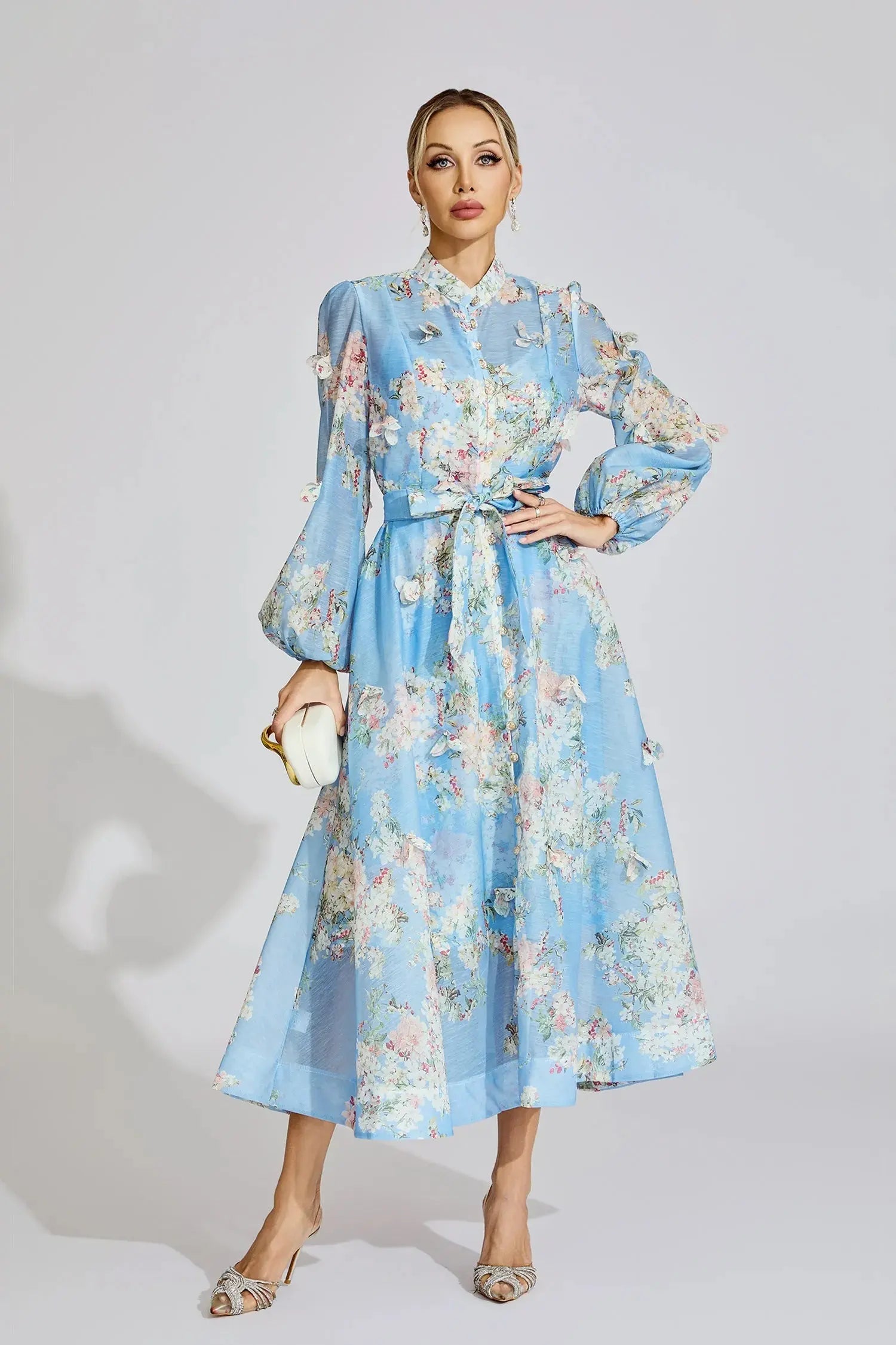 Tiffany Pale Blue Floral Printed Puff Sleeve Maxi Dress Avalabel