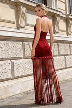 michaelia halterneck Fringe Velvet Dress in Burgundy Avalabel