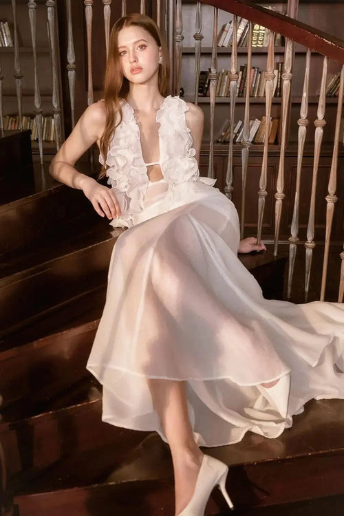 Charlotte Pleat Ruffle Maxi Dress in White Avalabel