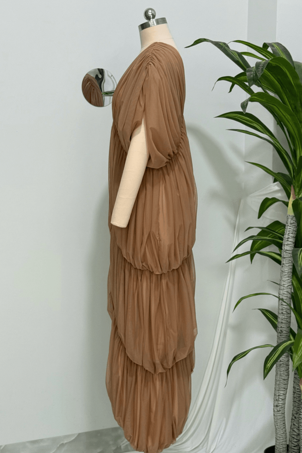 Elle Caramel Sheer Smocked Tiered Maxi Dress Avalabel