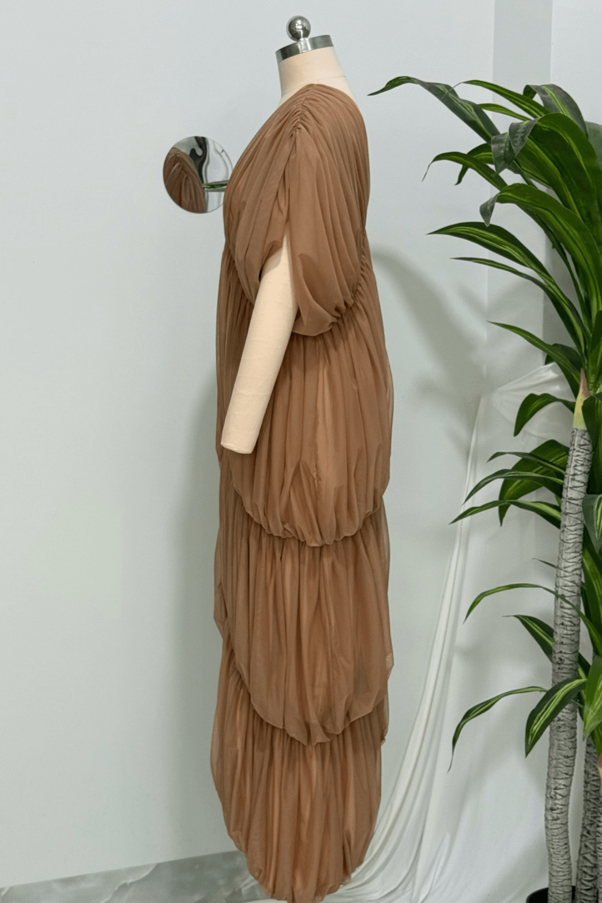 Elle Caramel Sheer Smocked Tiered Maxi Dress Avalabel