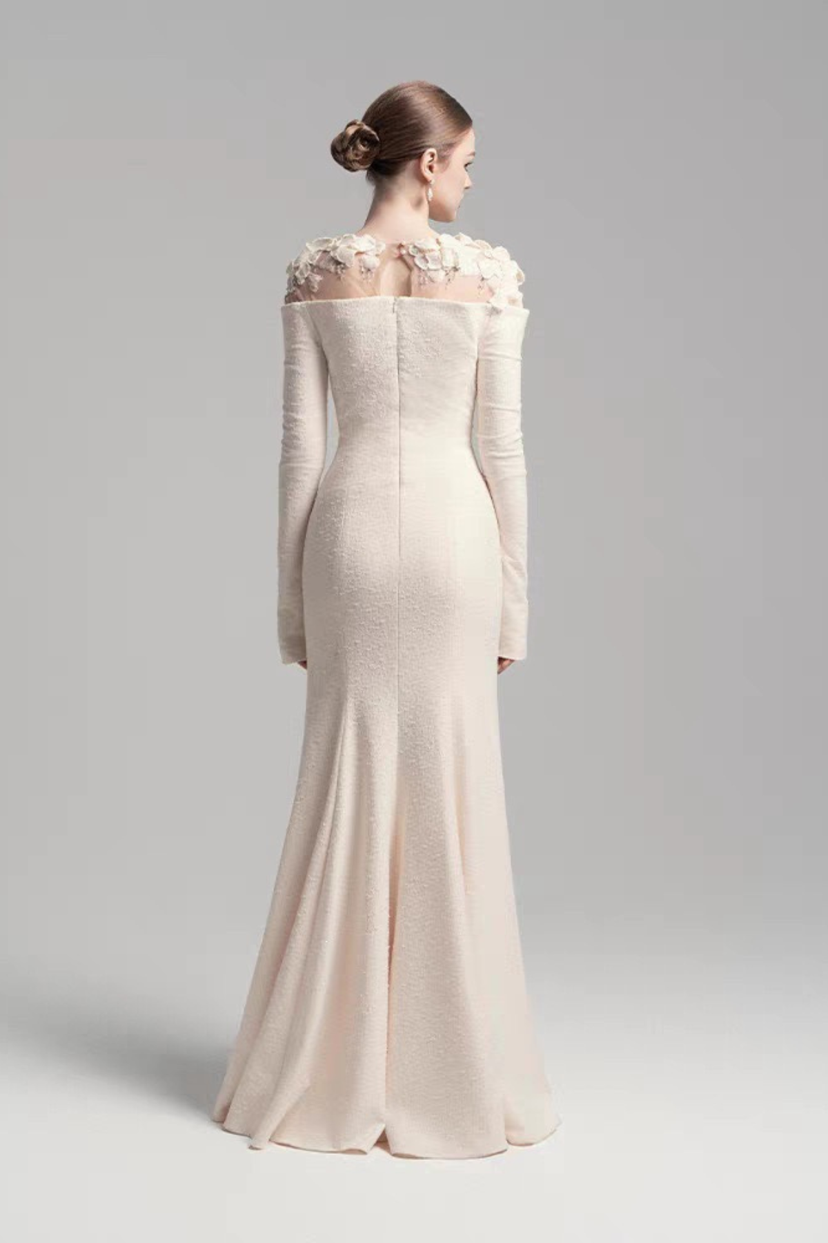 Louise 3D Floral Sheer Shoulder Long Sleeve White Dress Avalabel
