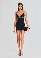 karen V-neck rhinestone embellished stretch Bodycon mini dress in black Avalabel
