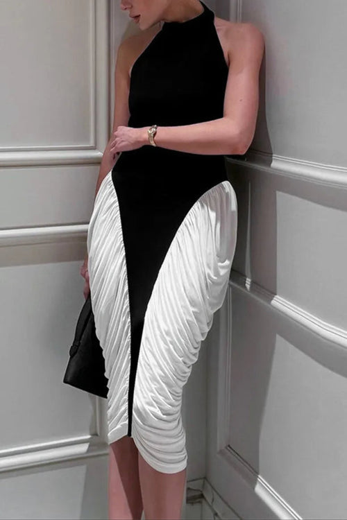 Colorblock Patchwork Sleeveless Pleated Midi Dress Avalabel