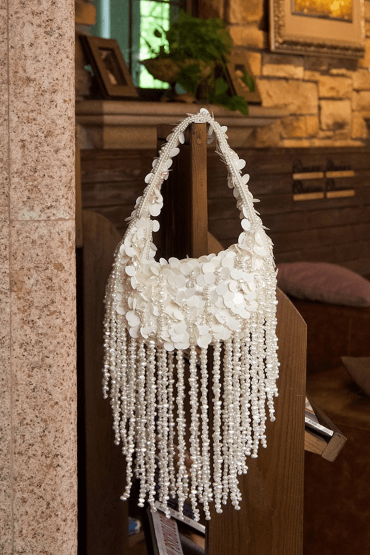 White Sequin Pearl Tassel Clutch Avalabel