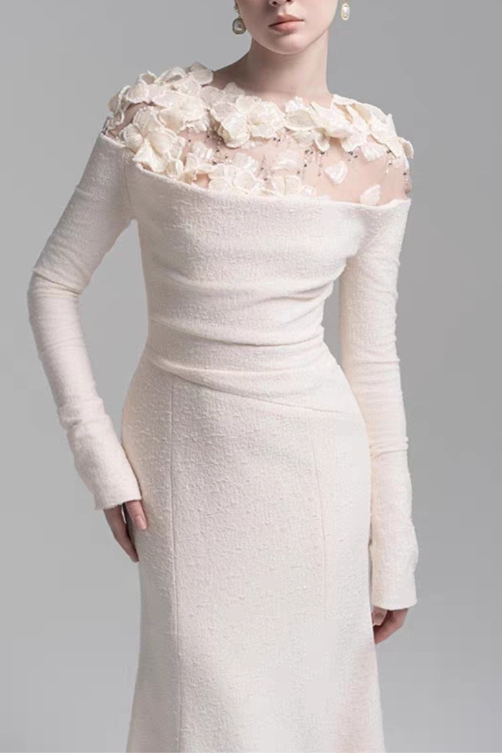 Louise 3D Floral Sheer Shoulder Long Sleeve White Dress Avalabel