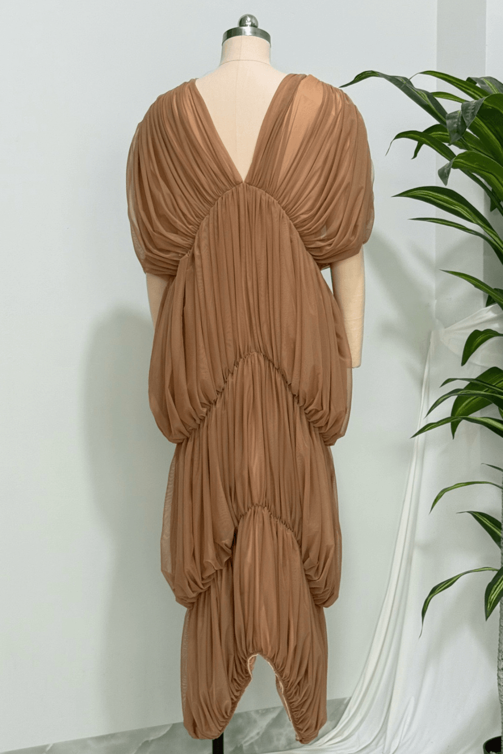 Elle Caramel Sheer Smocked Tiered Maxi Dress Avalabel