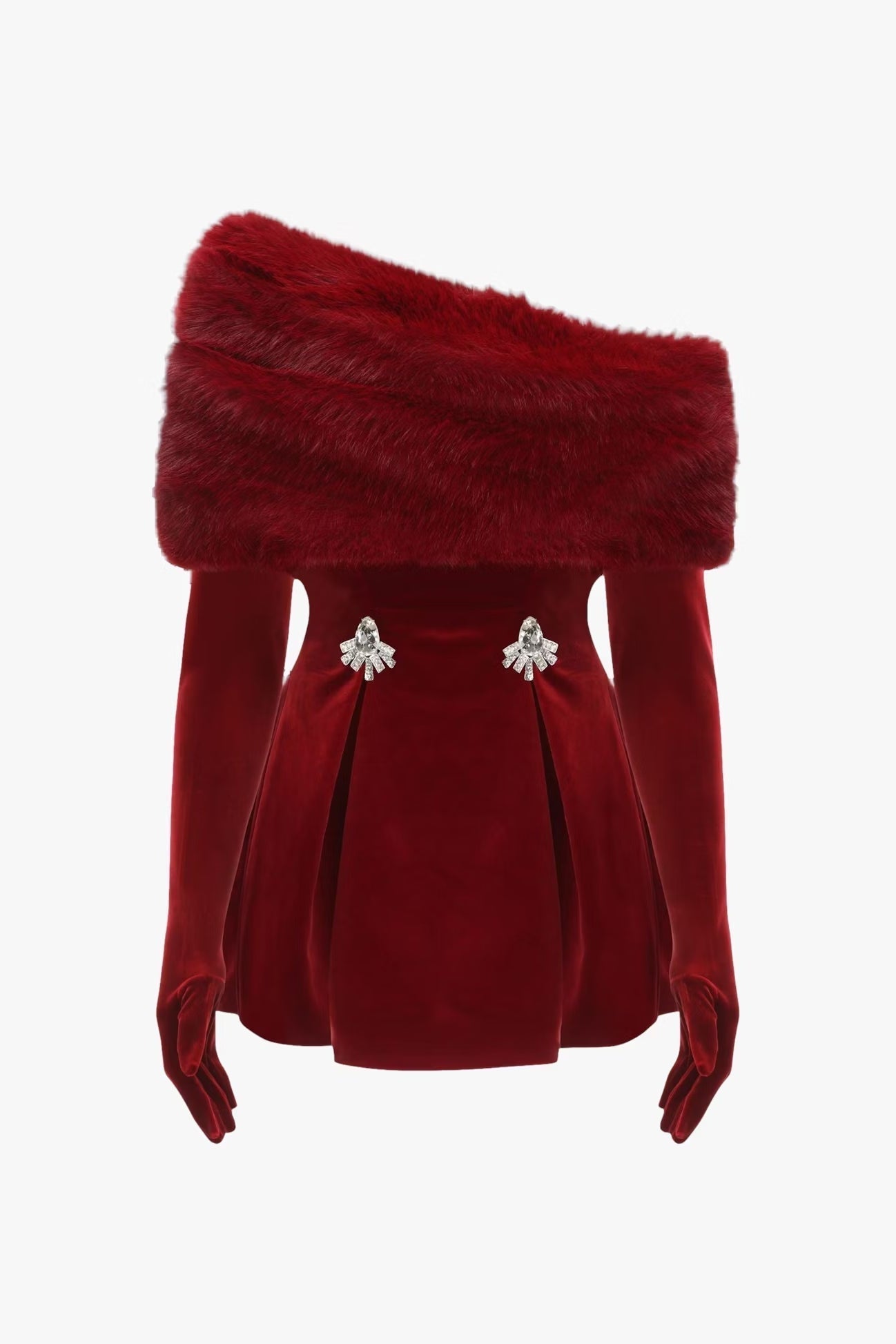 daphne long sleeve fur Velvet mini Dress in red Avalabel