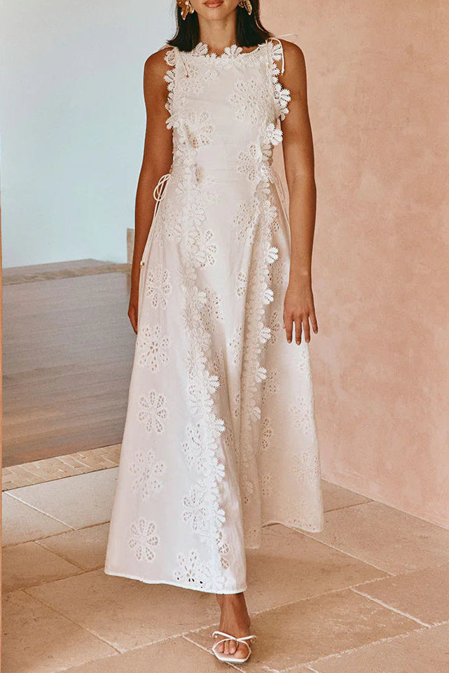 Lace Trim Embroidery Hollow Midi Dress in White Avalabel