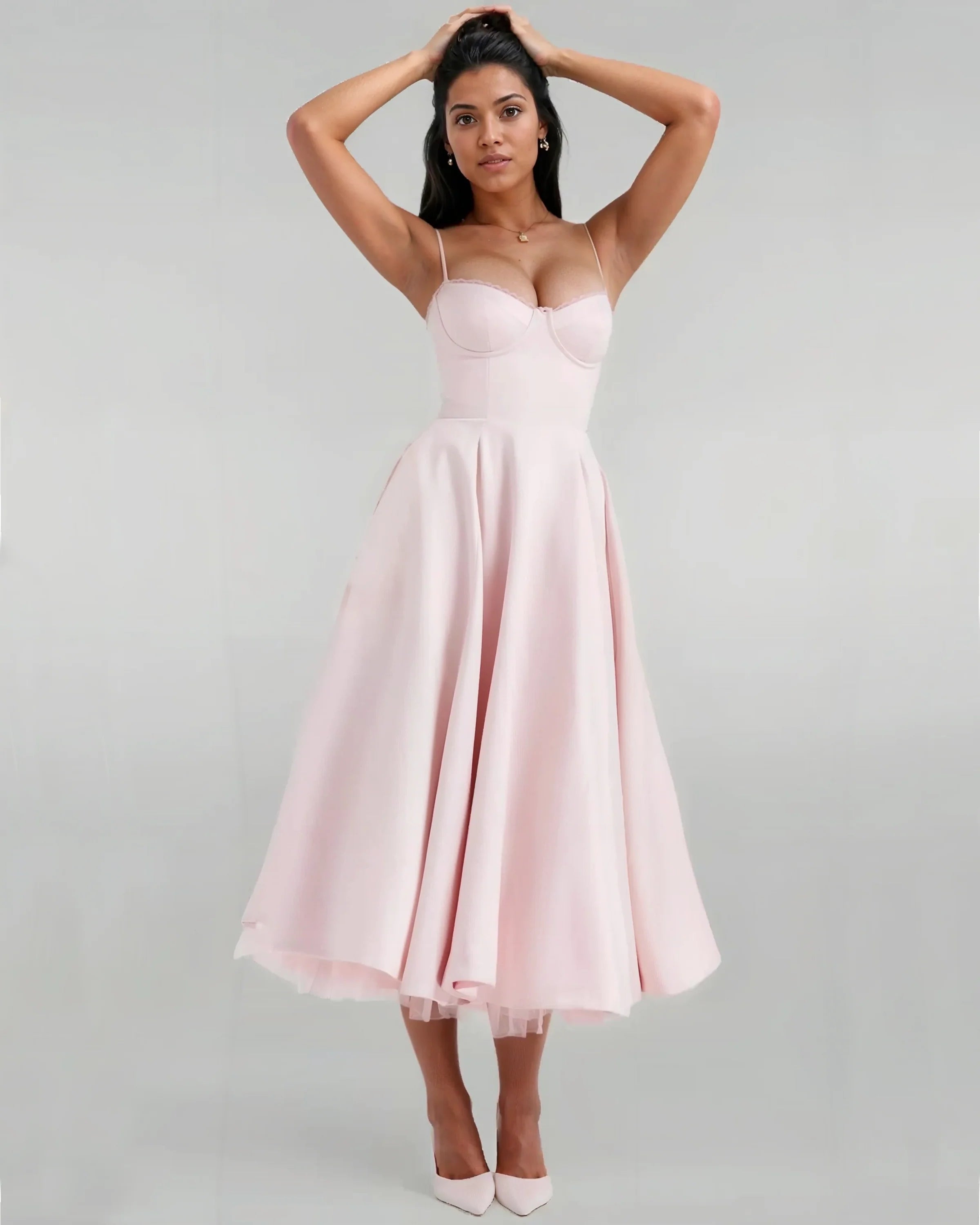 Satin Corset Tulle Layered A-Line Midi Dress - Baby Pink Avalabel