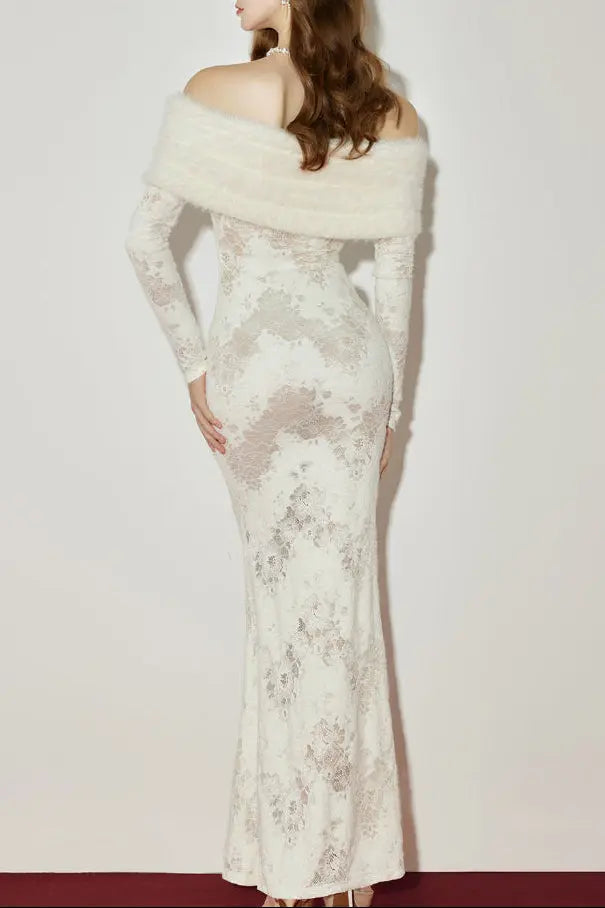julia Off-Shoulder Fur Collar Long Sleeve lace maxi dress in white Avalabel