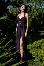 bonnie halter pleated cutout maxi dress in navy blue Avalabel