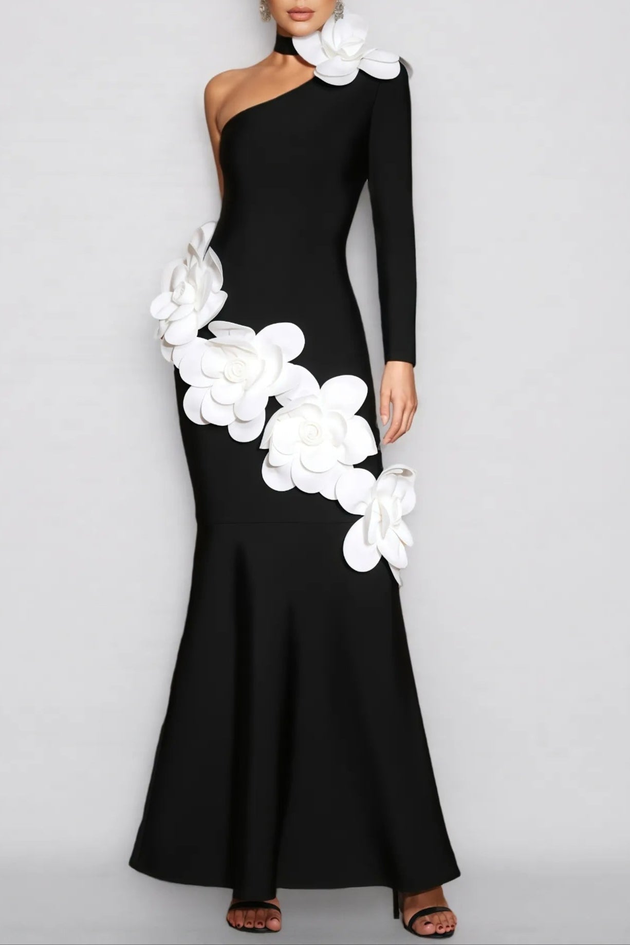 Gemma One Shoulder 3D Flower Bandage Maxi Dress in Black Avalabel