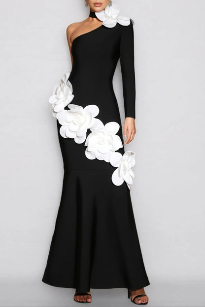 Gemma One Shoulder 3D Flower Bandage Maxi Dress in Black