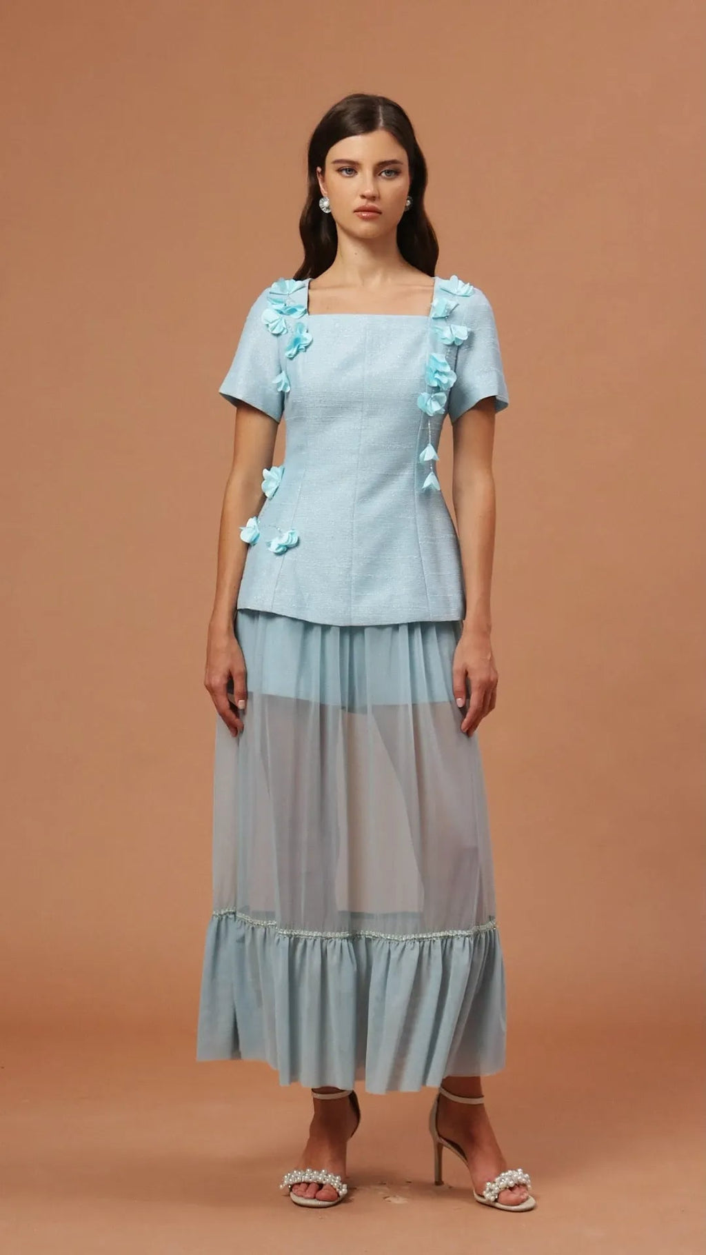 ursula blue Short Sleeves Flowers Folds Top And Skirt Two-Piece Set Avalabel