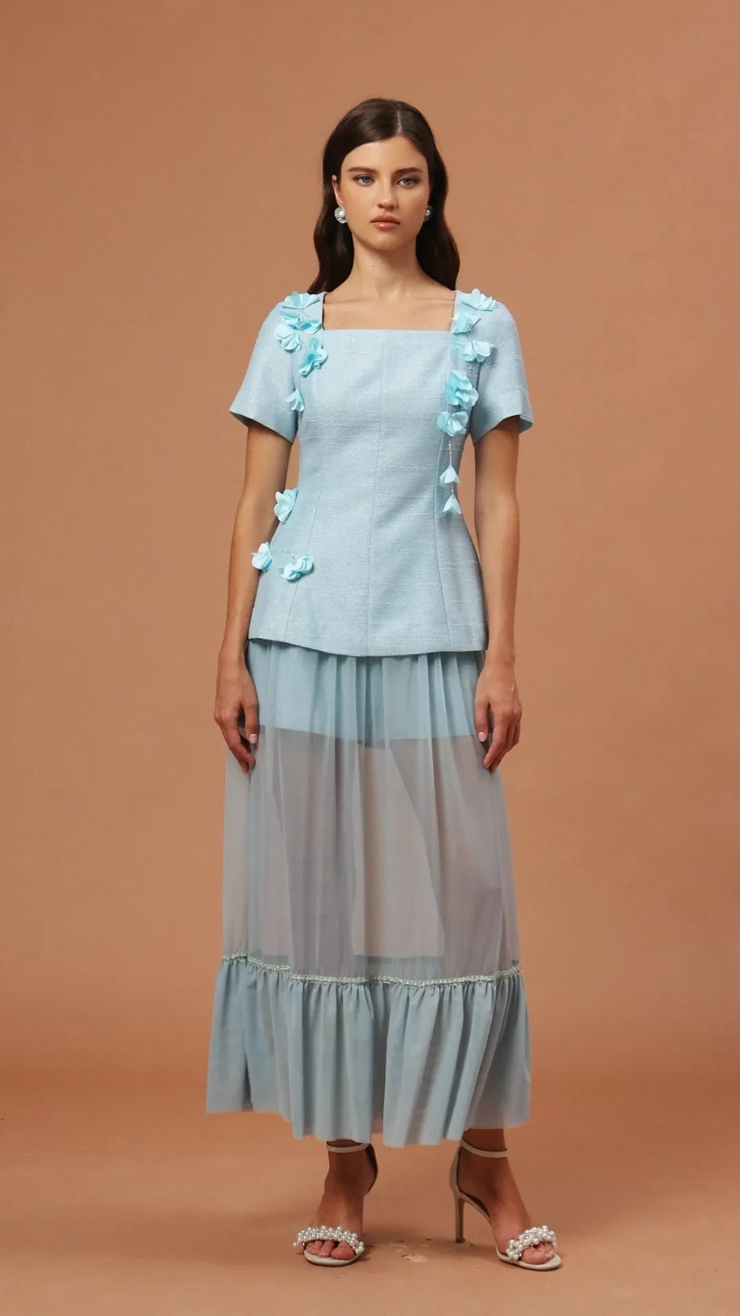 ursula blue Short Sleeves Flowers Folds Top And Skirt Two-Piece Set Avalabel