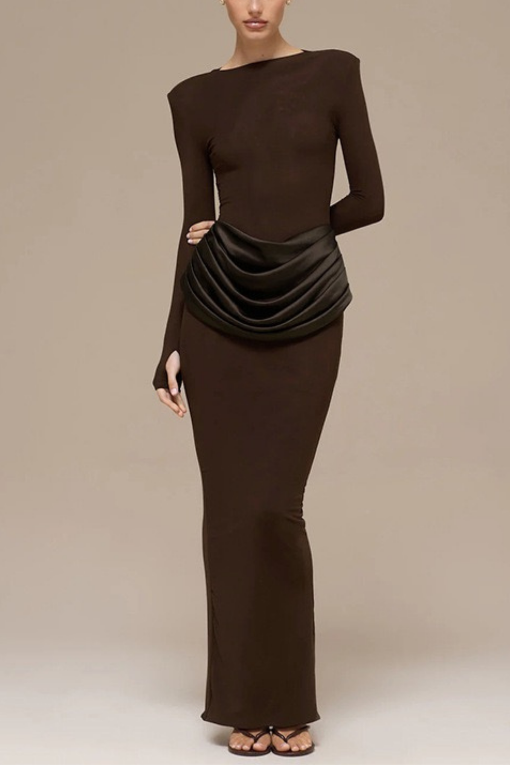 Elena Brown Long Sleeve Bodycon Maxi Dress Avalabel