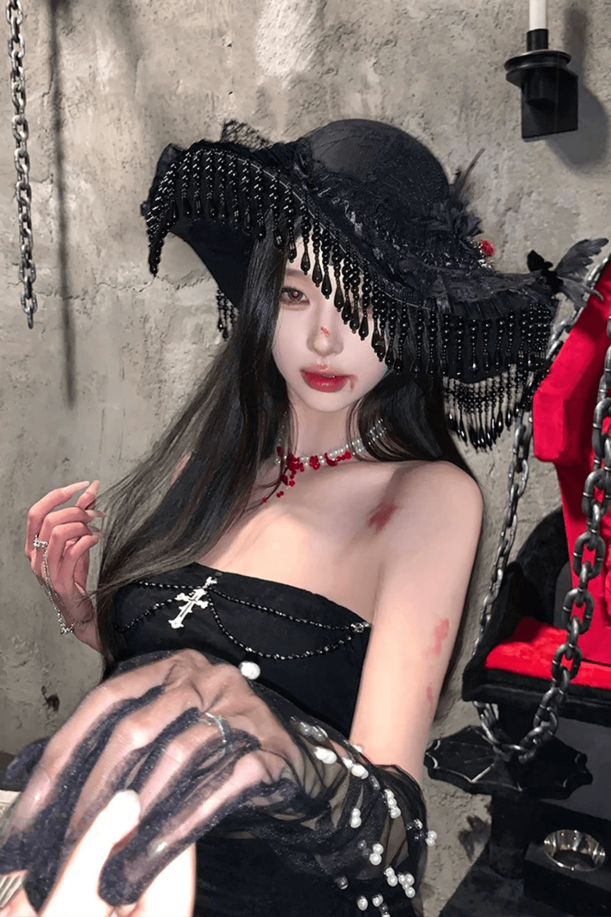Gothic Wide Brim Lace Hat with Tassels Avalabel