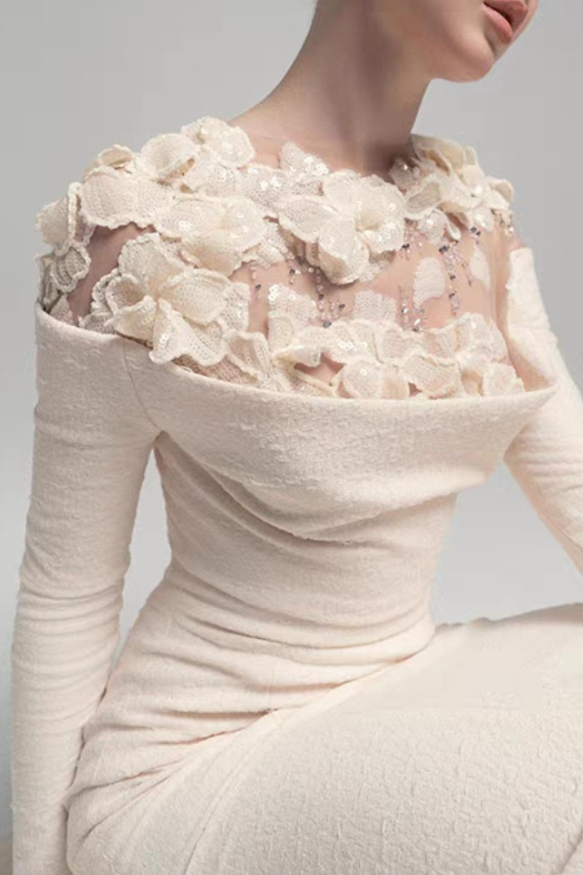 Louise 3D Floral Sheer Shoulder Long Sleeve White Dress Avalabel