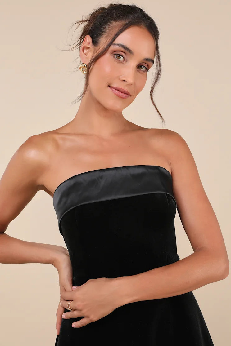 phoebe Black Velvet Strapless Mini Dress Avalabel