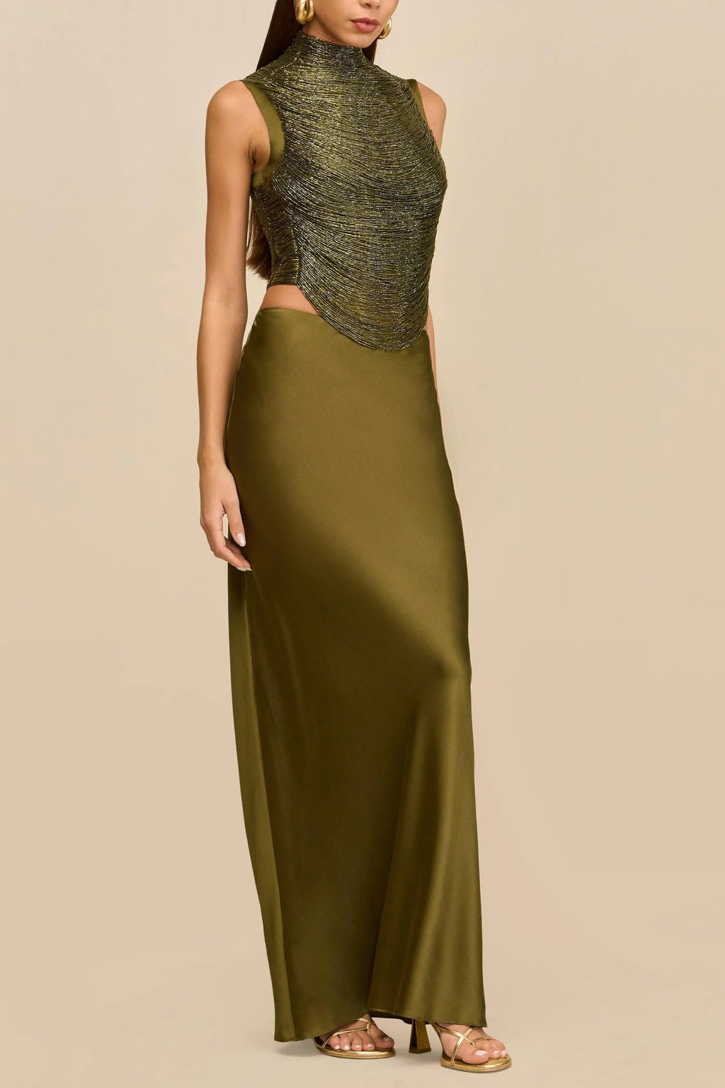 Sleeveless Turtleneck Tassel Paneled Top and Satin Skirt Set in green Avalabel
