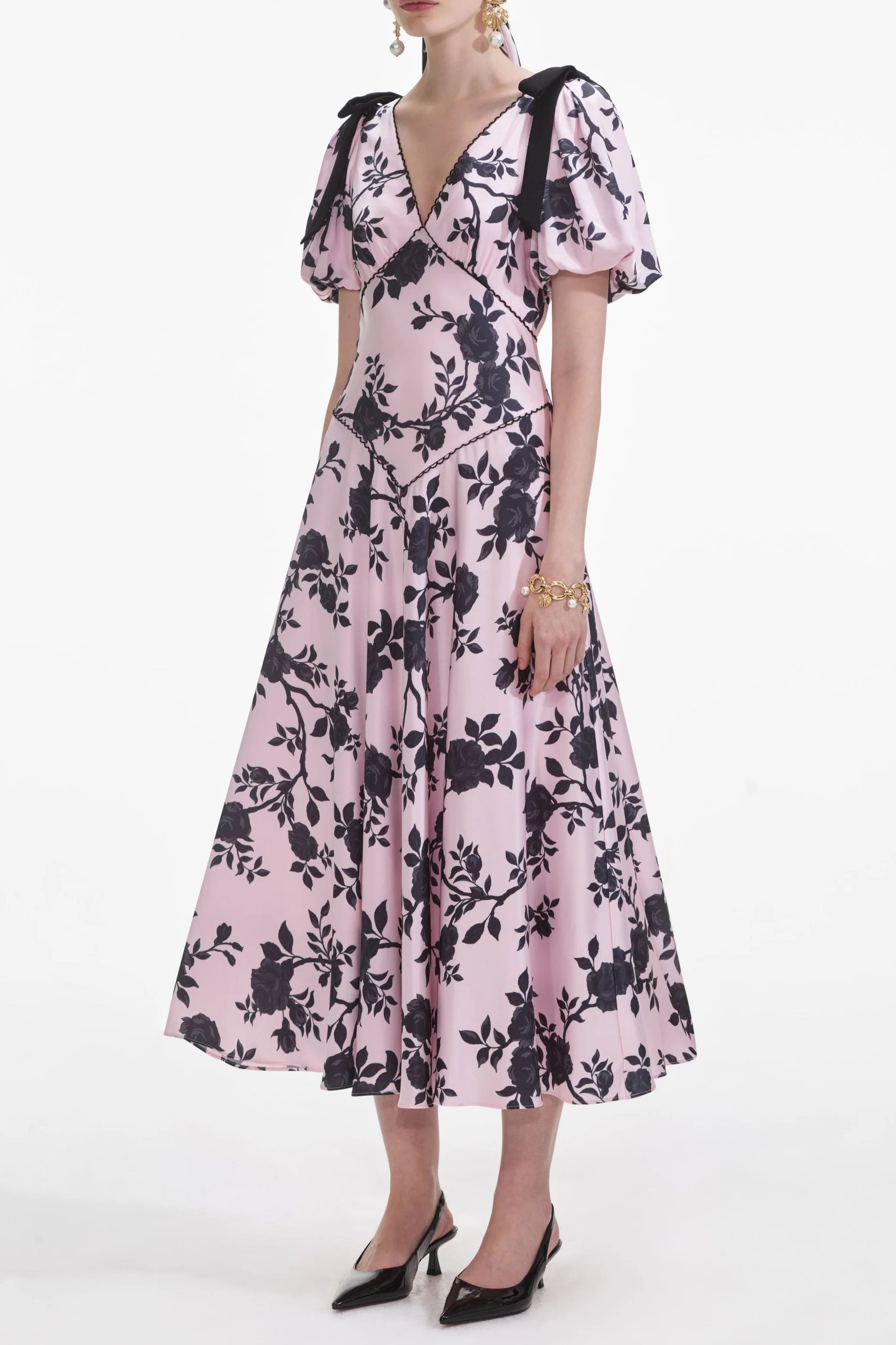 V-Neck Satin Floral Midi Dress in Pink Avalabel