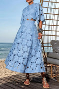 Lace Embroidered Top & Maxi Skirt Two-Piece Set in Blue Avalabel