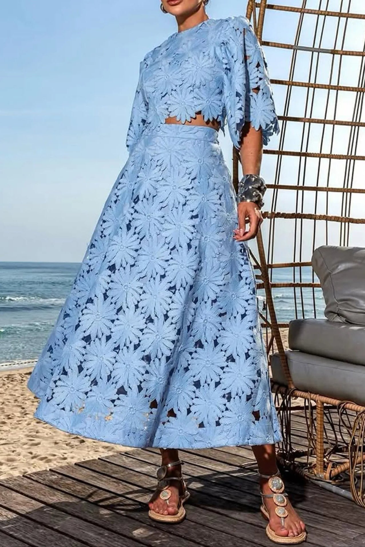 Lace Embroidered Top & Maxi Skirt Two-Piece Set in Blue Avalabel