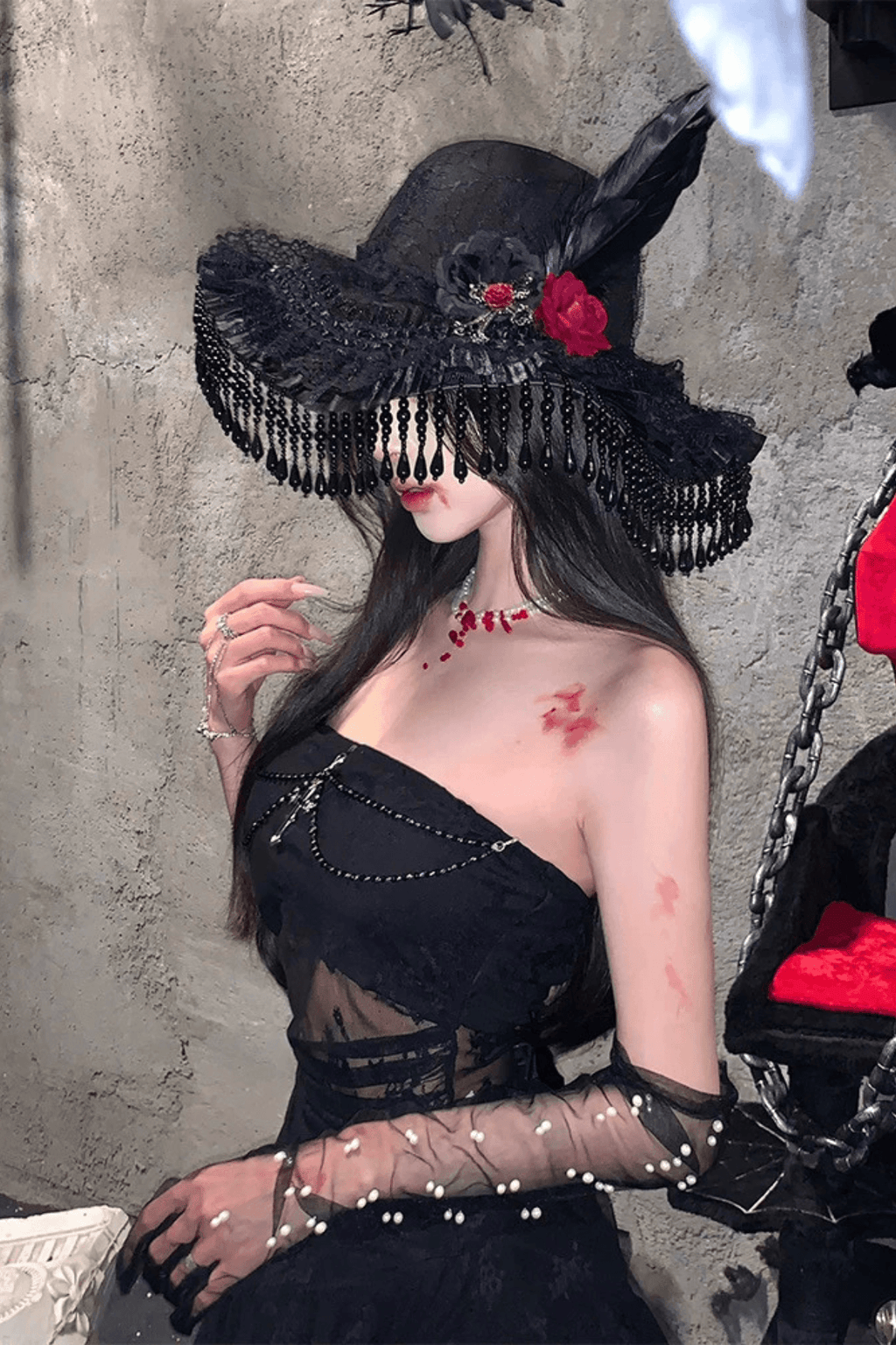 Gothic Wide Brim Lace Hat with Tassels Avalabel