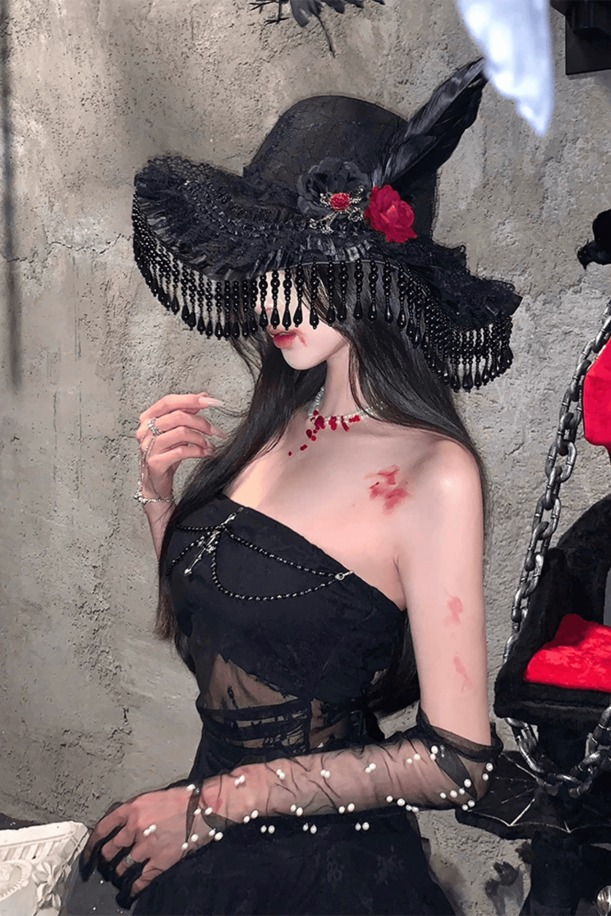 Gothic Wide Brim Lace Hat with Tassels Avalabel