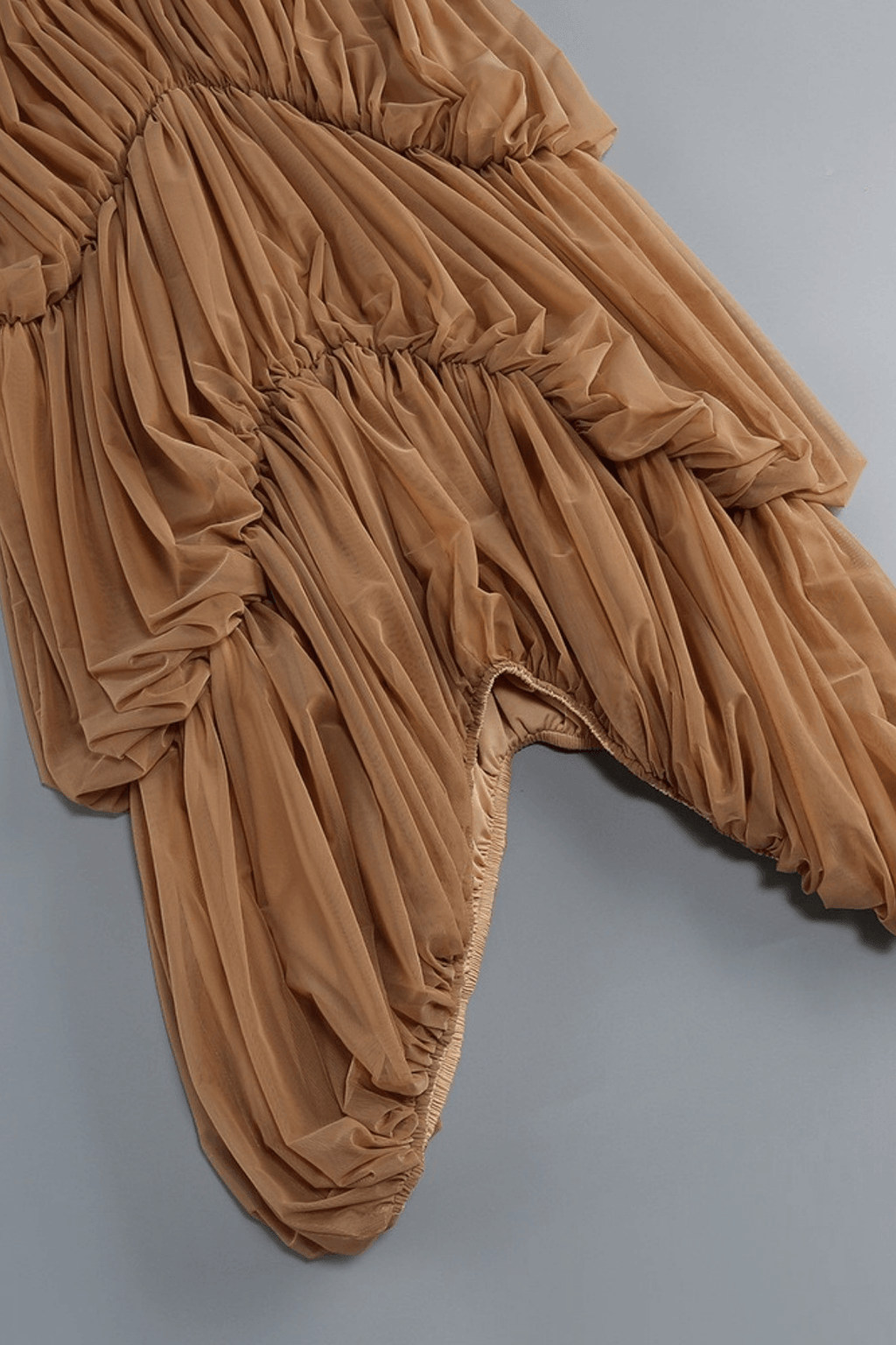 Elle Caramel Sheer Smocked Tiered Maxi Dress Avalabel