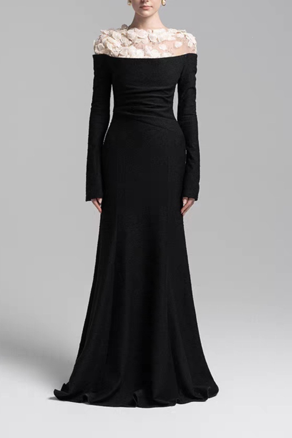 Louise 3D Floral Sheer Shoulder Long Sleeve Black Dress Avalabel