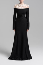 Louise 3D Floral Sheer Shoulder Long Sleeve Black Dress Avalabel