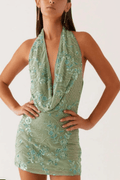 Olivia Sage Green Embroidered Halter Mini Dress Avalabel