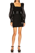 octavia black Square Neck satin mini Dress with Belt Avalabel