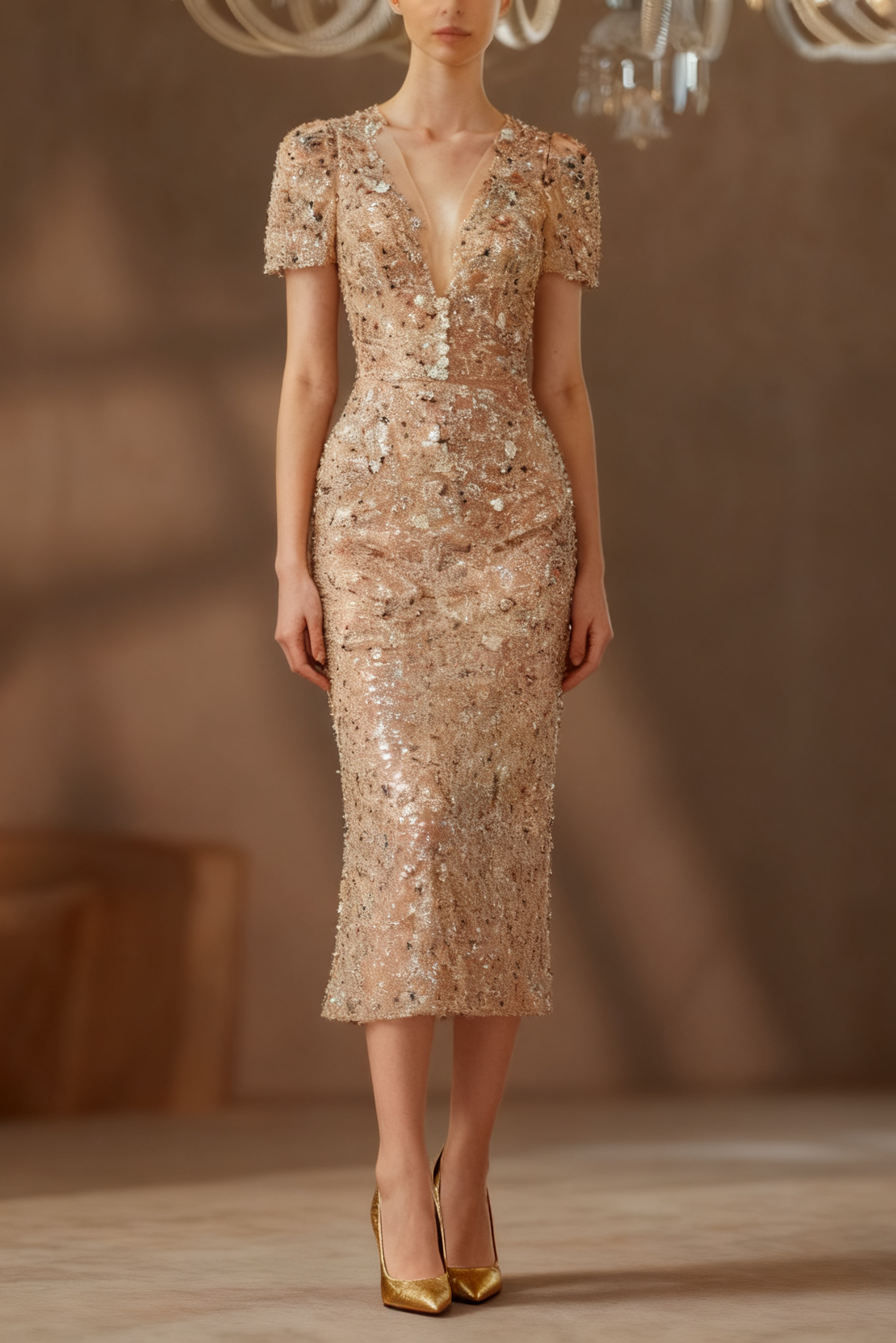 Embroidery v -neck midi dress in beige Avalabel
