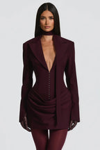 amelia v-neck ruched Blazer Mini Dress in Wine Red Avalabel