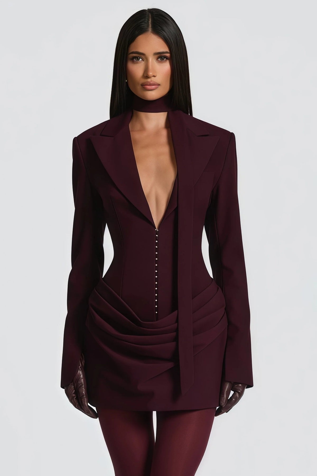 amelia v-neck ruched Blazer Mini Dress in Wine Red Avalabel